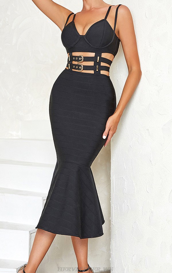 Herve Leger Black Bustier Belt Mermaid Midi Dress