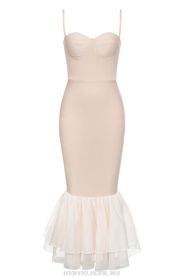 Herve Leger Nude Bustier Ribbed Ruffle Midi Dress