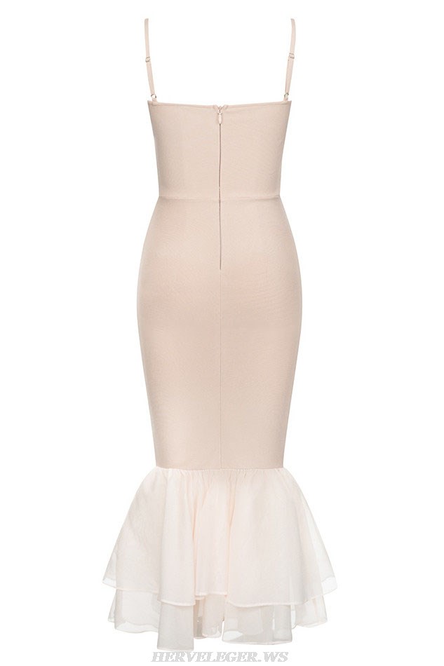 Herve Leger Nude Bustier Ribbed Ruffle Midi Dress