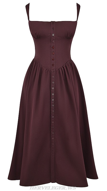 Herve Leger Brown Button Corset Midi Skater Dress