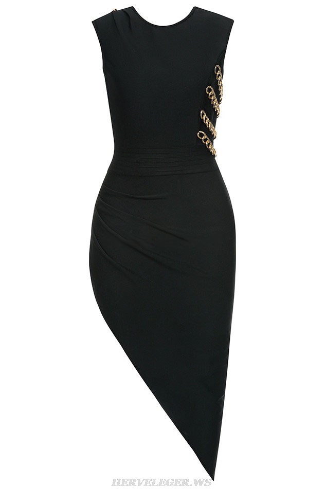 Herve Leger Black Chain Asymmetric Midi Dress