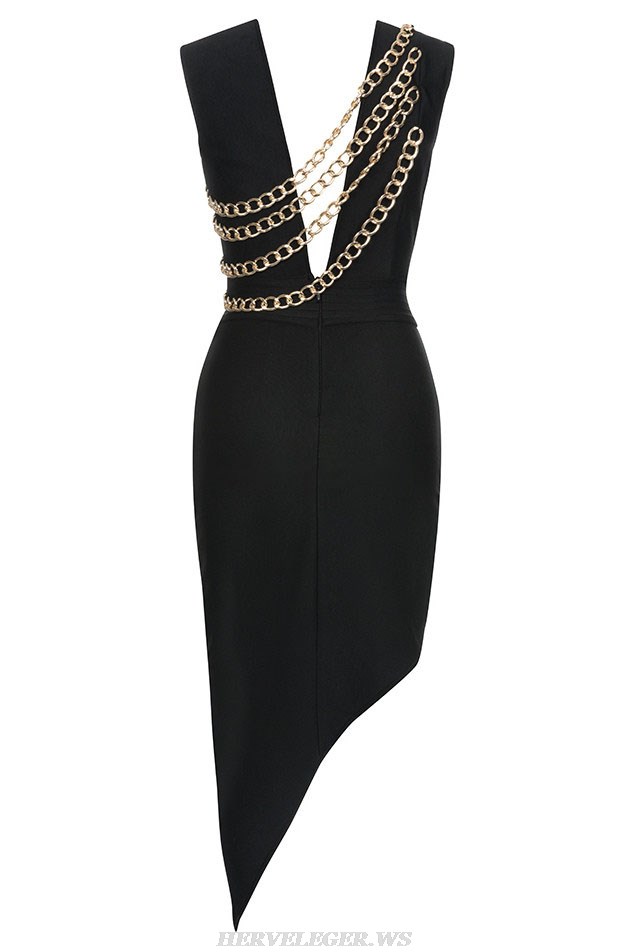 Herve Leger Black Chain Asymmetric Midi Dress