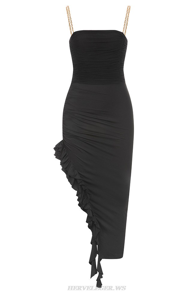 Herve Leger Black Chain Strap Draped Ruffle Midi Dress