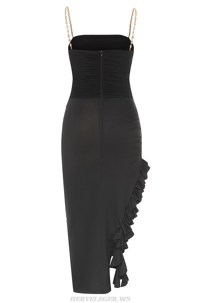 Herve Leger Black Chain Strap Draped Ruffle Midi Dress