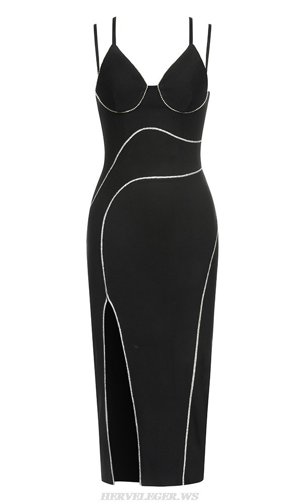 Herve Leger Black Crystal Bustier Midi Dress