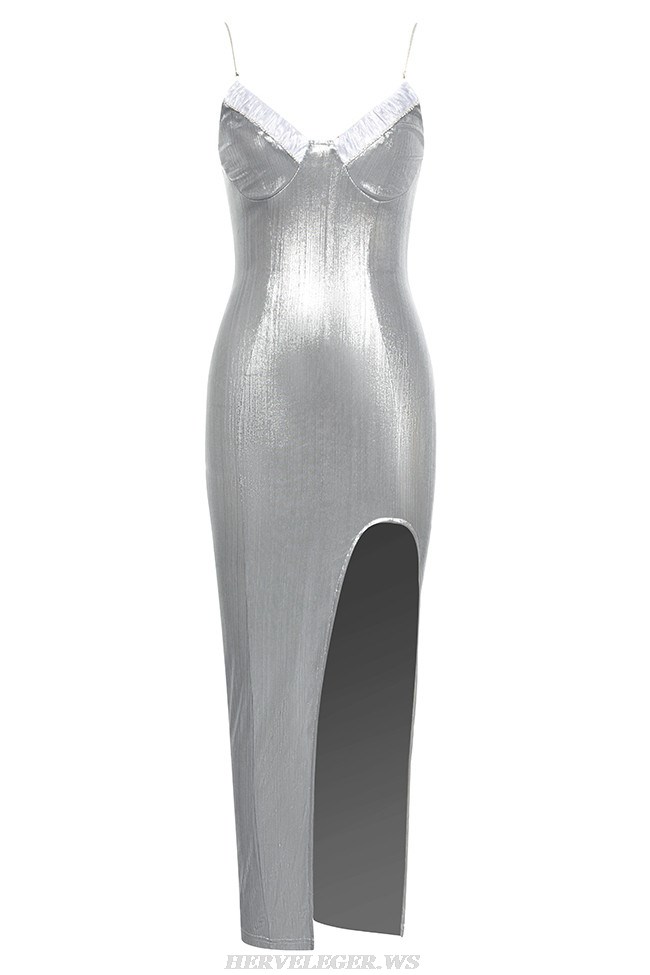 Herve Leger Silver Crystal Bustier Gown