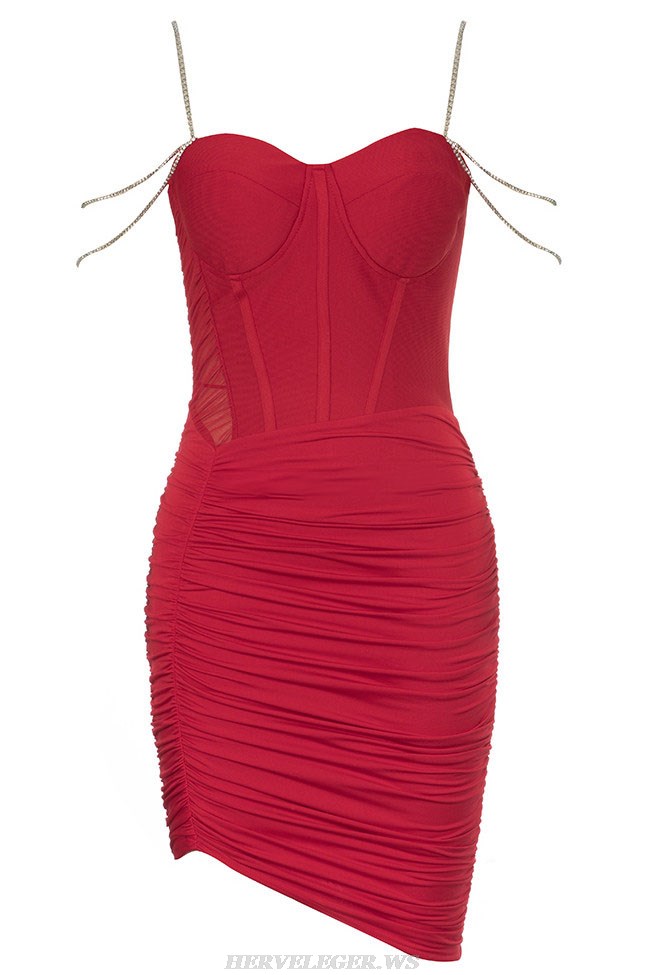 Herve Leger Red Crystal Strap Bustier Draped Dress