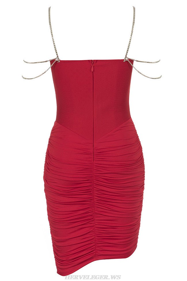 Herve Leger Red Crystal Strap Bustier Draped Dress