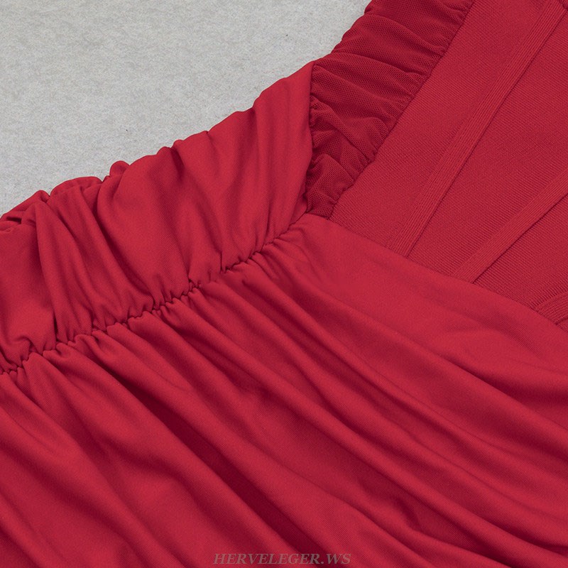 Herve Leger Red Crystal Strap Bustier Draped Dress