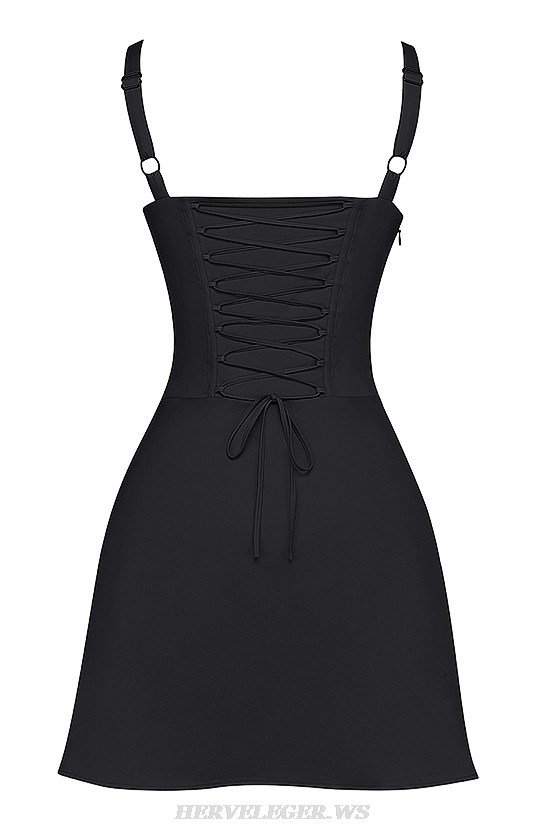 Herve Leger Black Draped Bustier Corset A Line Dress