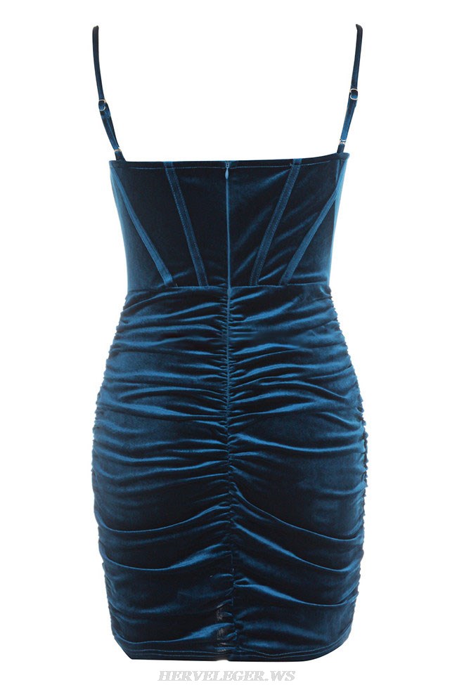 Herve Leger Blue Draped Bustier Corset Velvet Dress