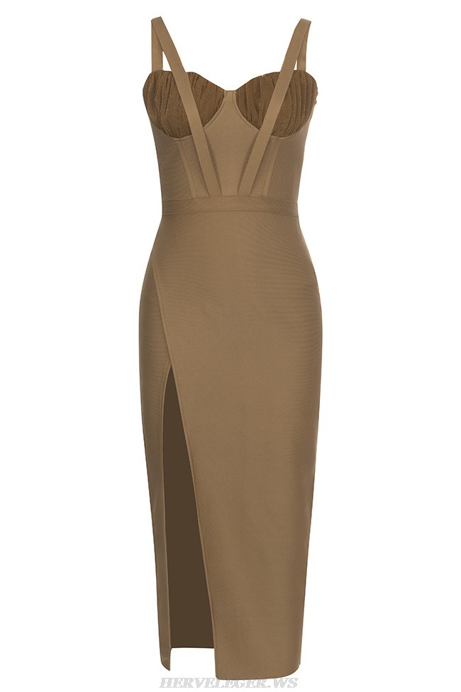 Herve Leger Brown Draped Bustier Midi Dress