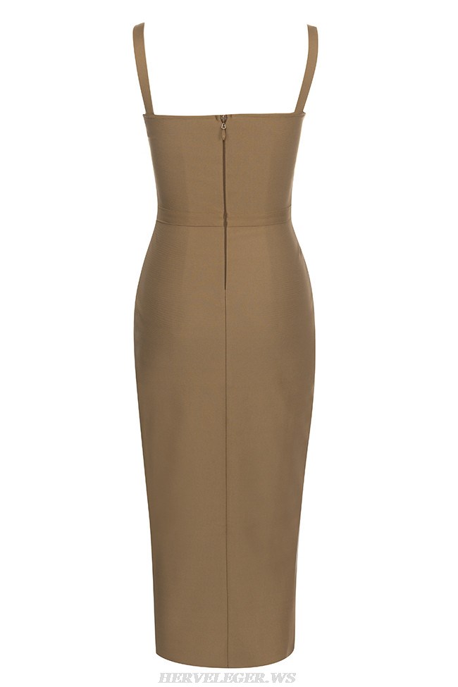 Herve Leger Brown Draped Bustier Midi Dress