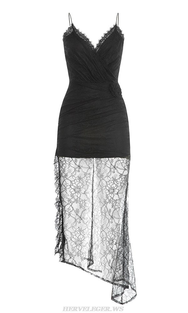 Herve Leger Black Draped Lace Gown