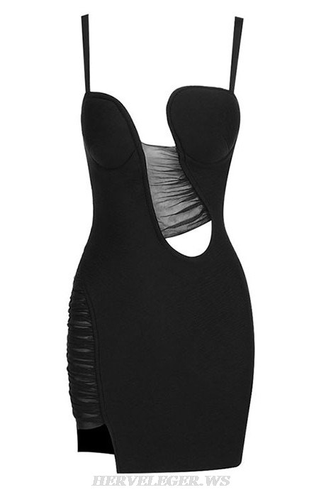 Herve Leger Black Draped Mesh Bustier Dress