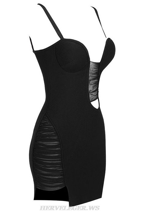 Herve Leger Black Draped Mesh Bustier Dress