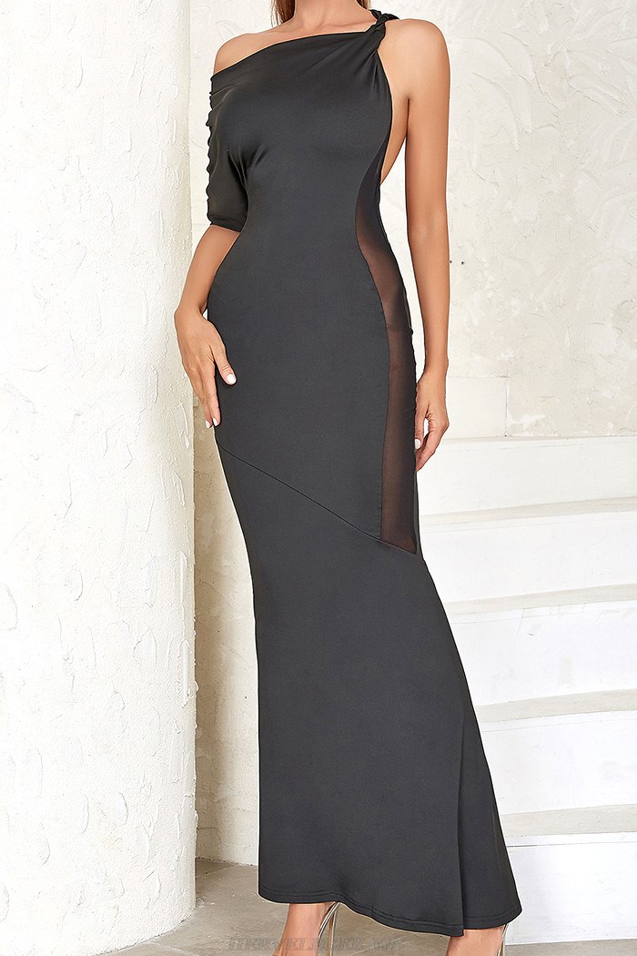 Herve Leger Black Draped Off Shoulder Gown