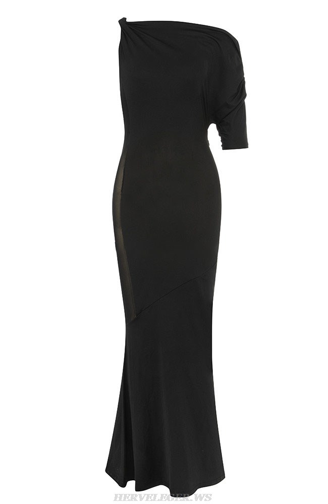 Herve Leger Black Draped Off Shoulder Gown