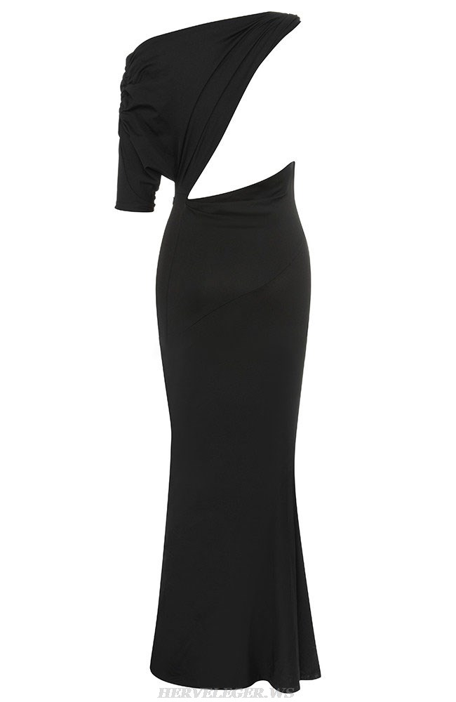 Herve Leger Black Draped Off Shoulder Gown