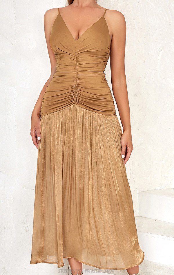 Herve Leger Brown Draped Pleated A Line Midi Dress