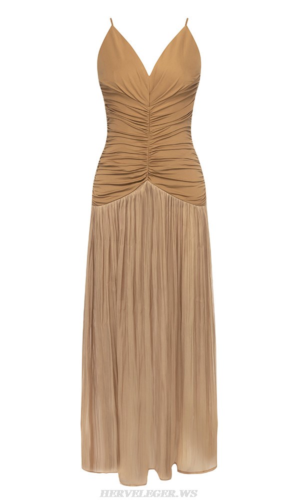 Herve Leger Brown Draped Pleated A Line Midi Dress