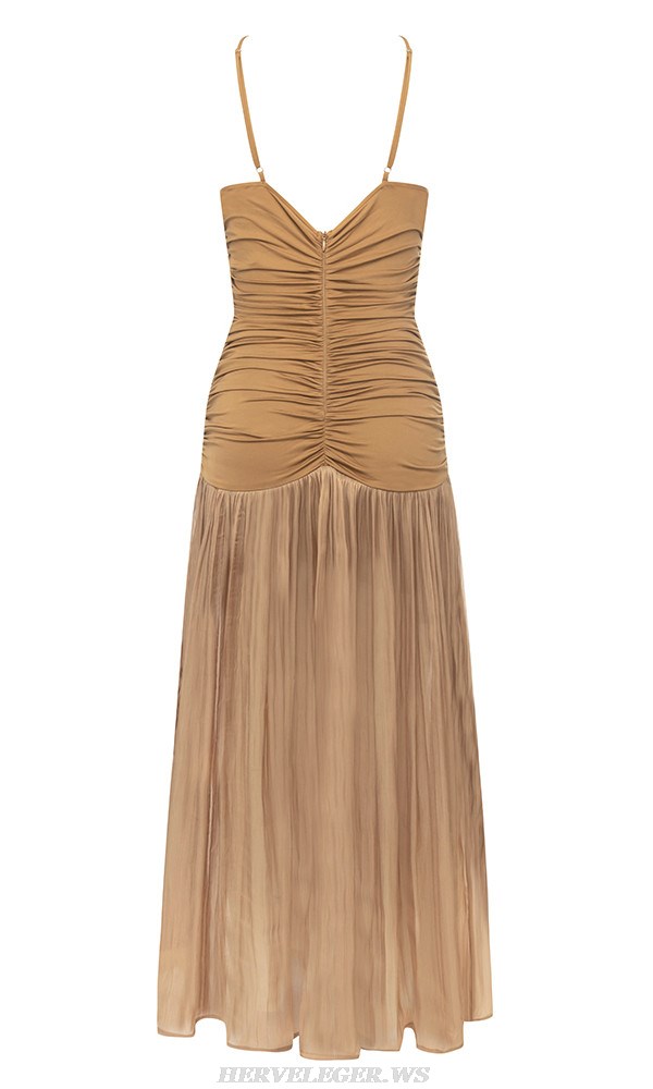 Herve Leger Brown Draped Pleated A Line Midi Dress