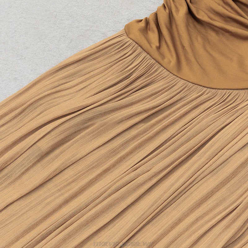 Herve Leger Brown Draped Pleated A Line Midi Dress