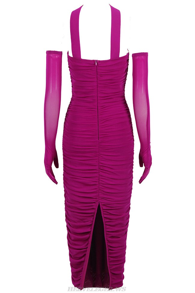 Herve Leger Magenta Embellished Bustier Draped Midi Dress