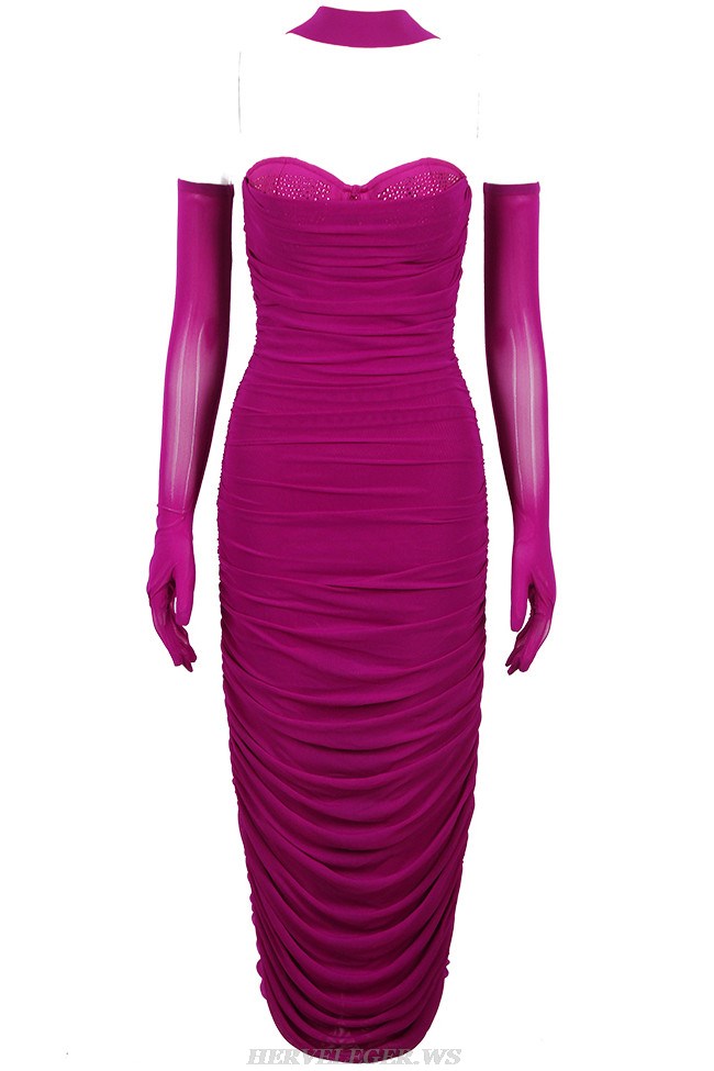 Herve Leger Magenta Embellished Bustier Draped Midi Dress