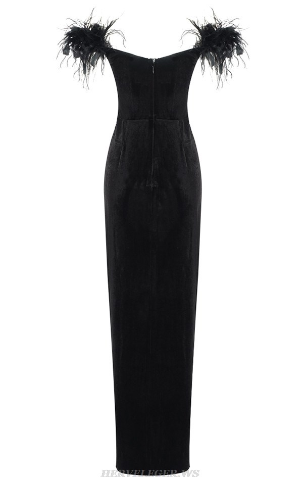 Herve Leger Black Feather Off Shoulder Embellished Lace Gown