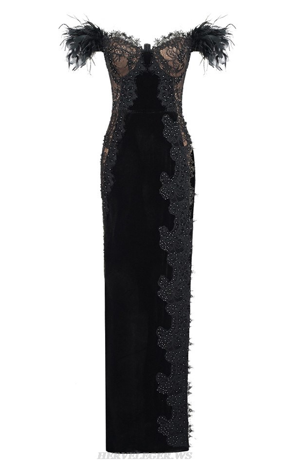 Herve Leger Black Feather Off Shoulder Embellished Lace Gown