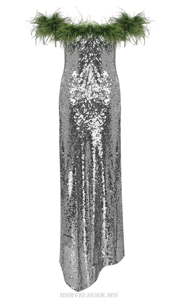 Herve Leger Green Silver Feather Off Shoulder Sequin Gown