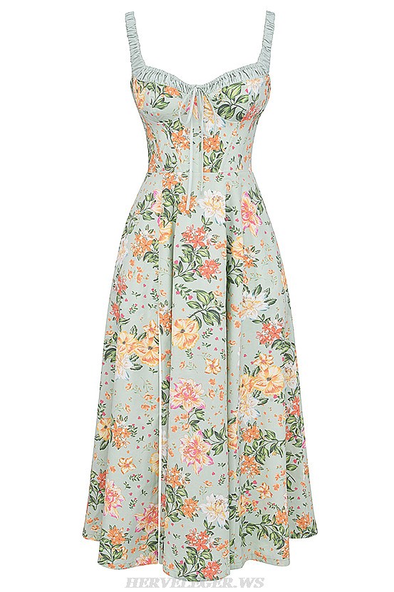 Herve Leger Green Floral A Line Midi Dress