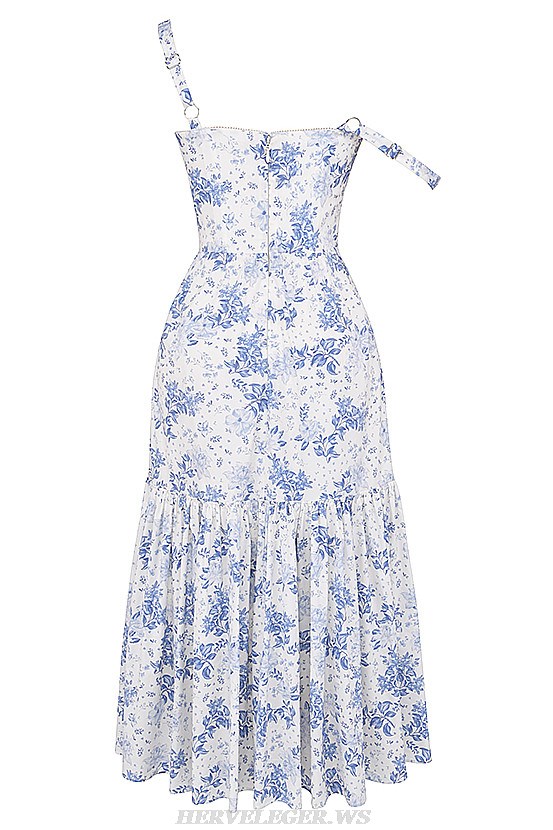 Herve Leger Blue Floral Bustier A Line Midi Dress