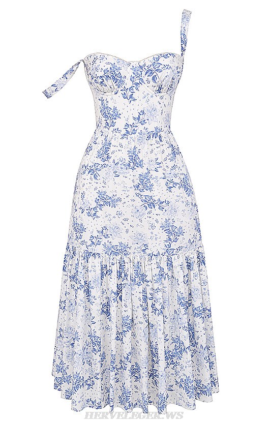 Herve Leger Blue Floral Bustier A Line Midi Dress