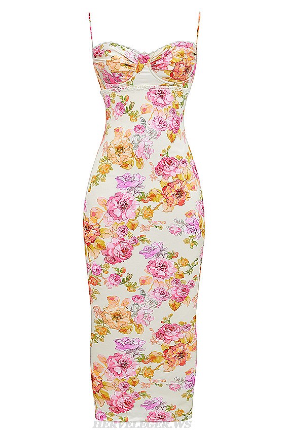 Herve Leger Floral Draped Bustier Gown