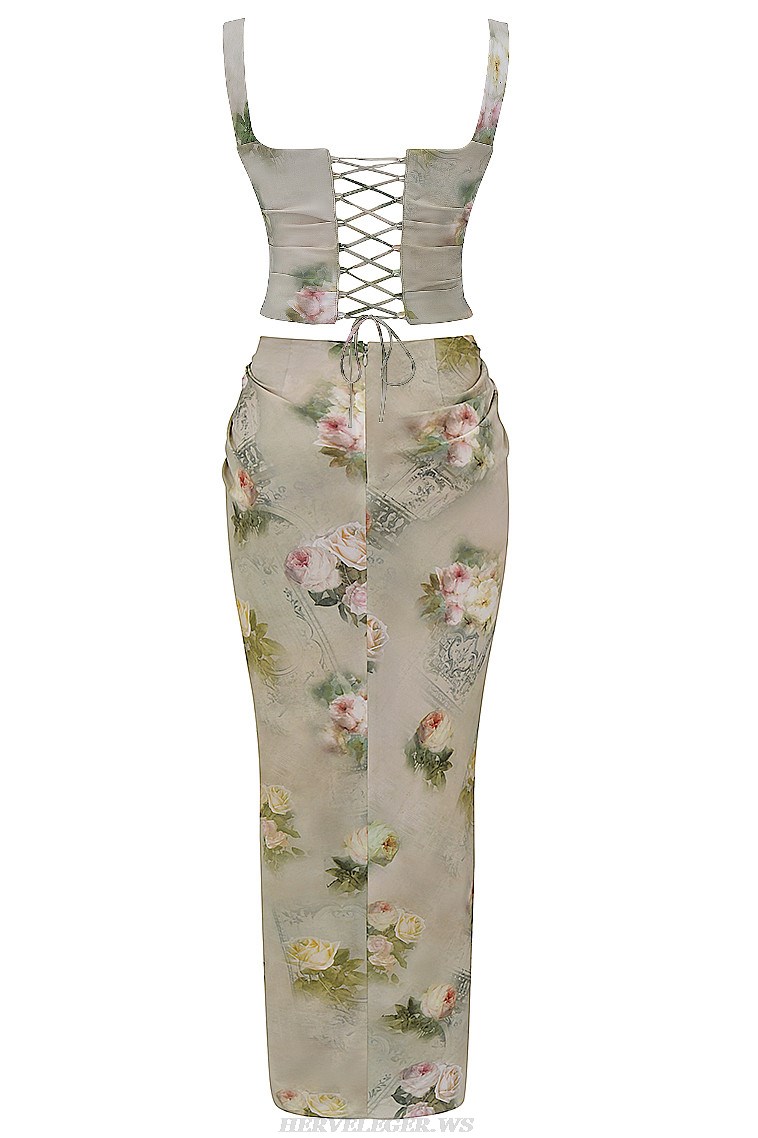 Herve Leger Floral Draped Corset Two Piece Gown