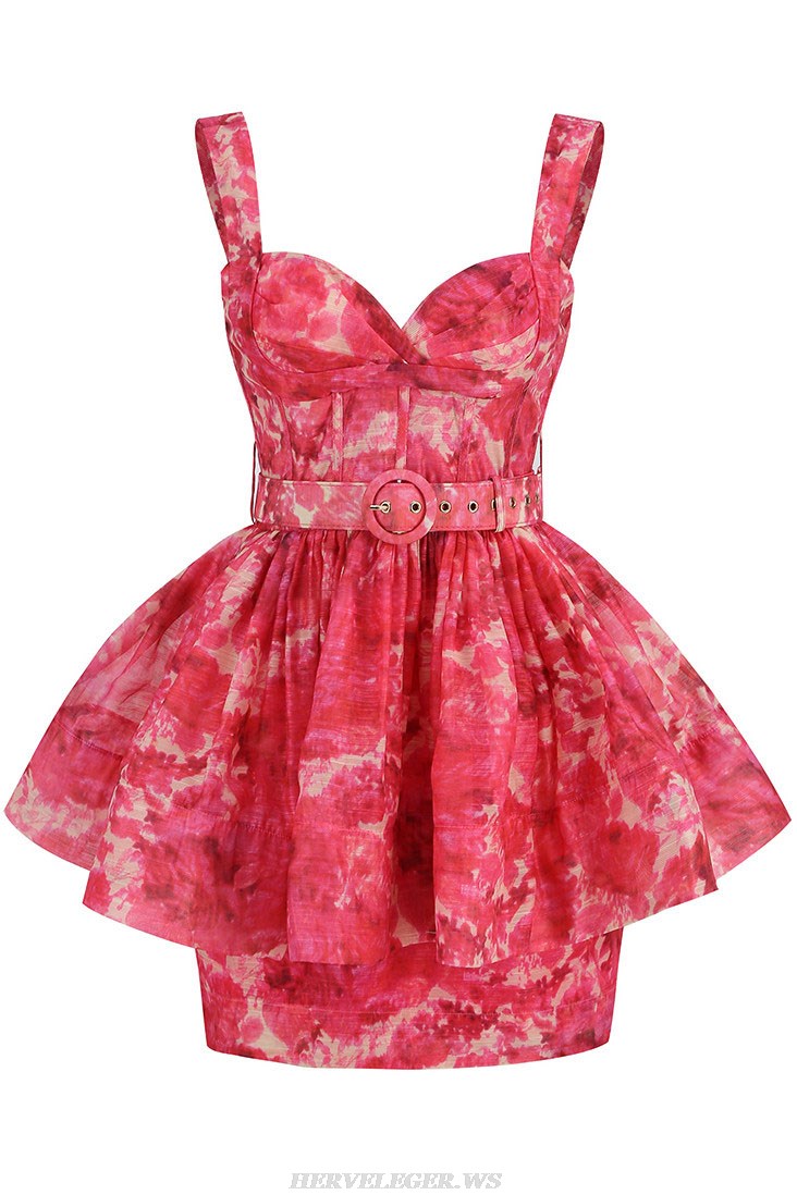 Herve Leger Hot Pink Floral Peplum Belt Dress