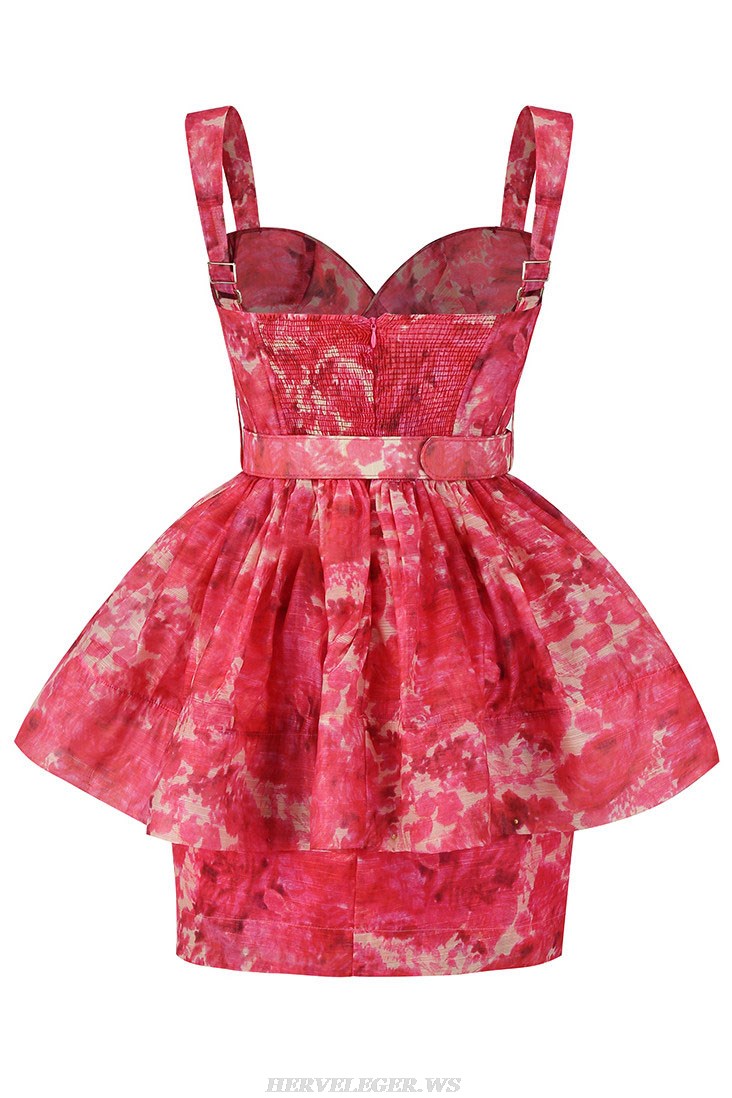 Herve Leger Hot Pink Floral Peplum Belt Dress