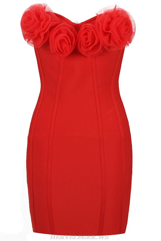 Herve Leger Red Flower Strapless Dress