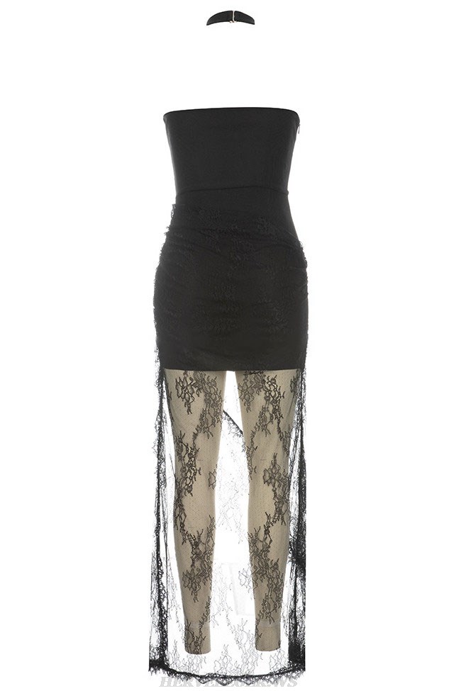 Herve Leger Black Halter Corset Draped Lace Gown