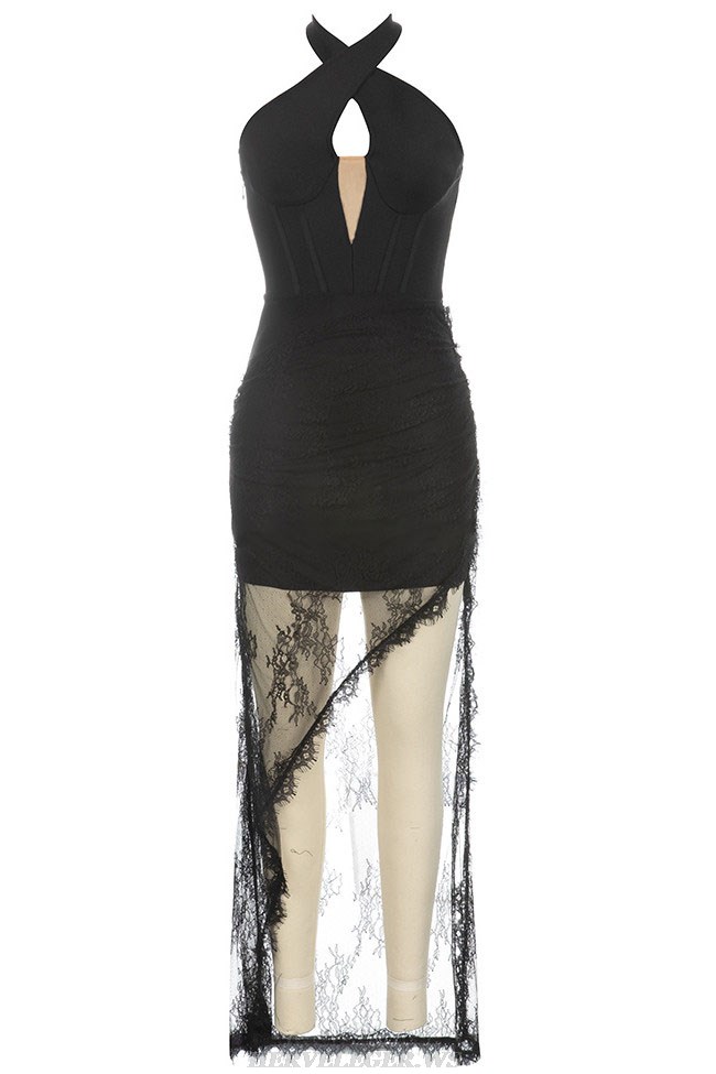 Herve Leger Black Halter Corset Draped Lace Gown