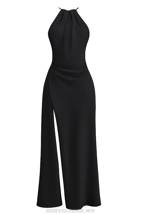 Herve Leger Black Halter Cross Back Split Gown