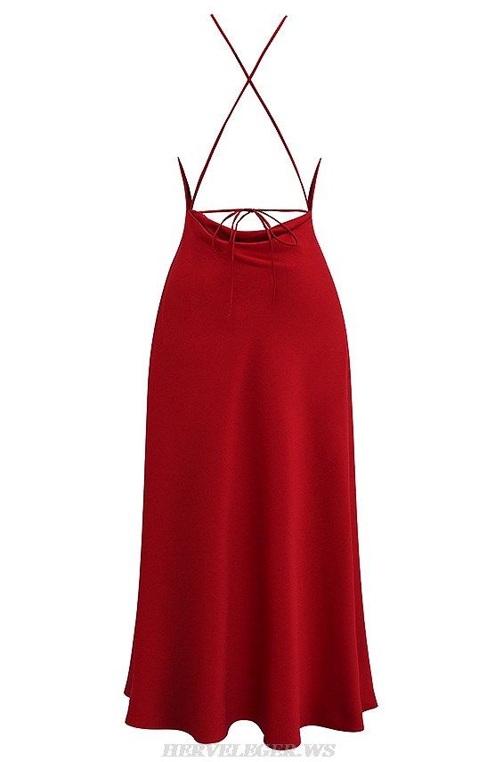 Herve Leger Red Halter Cross Back Split Gown