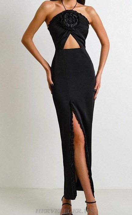 Herve Leger Black Halter Flower Ruffle Gown