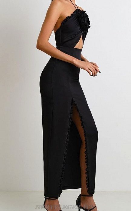 Herve Leger Black Halter Flower Ruffle Gown