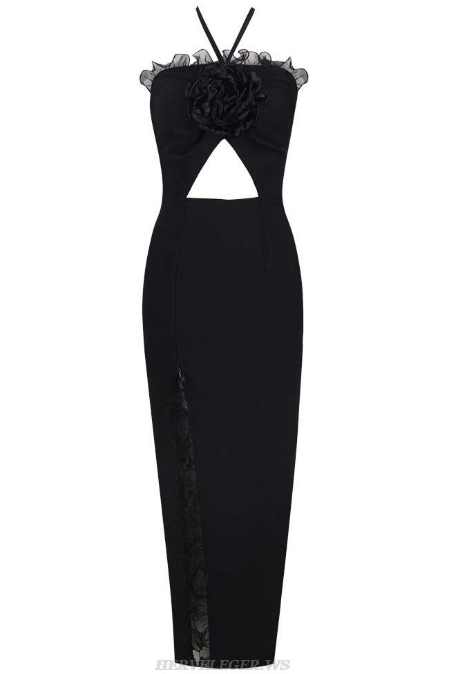 Herve Leger Black Halter Flower Ruffle Gown