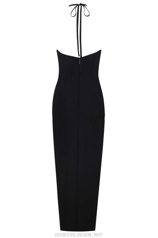 Herve Leger Black Halter Flower Ruffle Gown