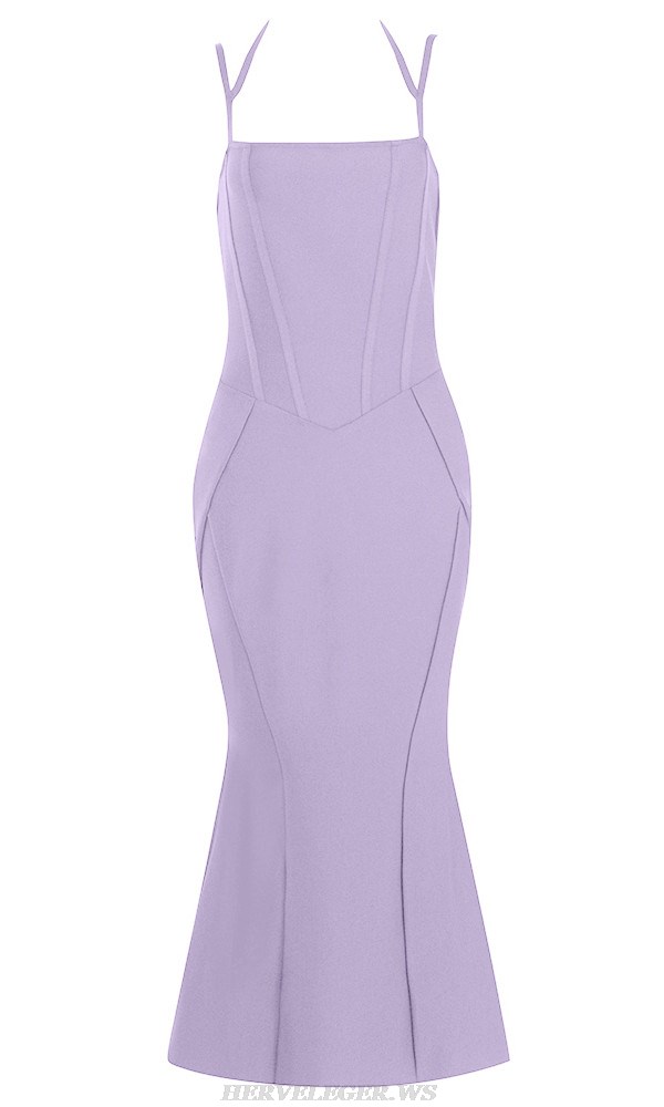 Herve Leger Lavender Halter Fluted Midi Dress