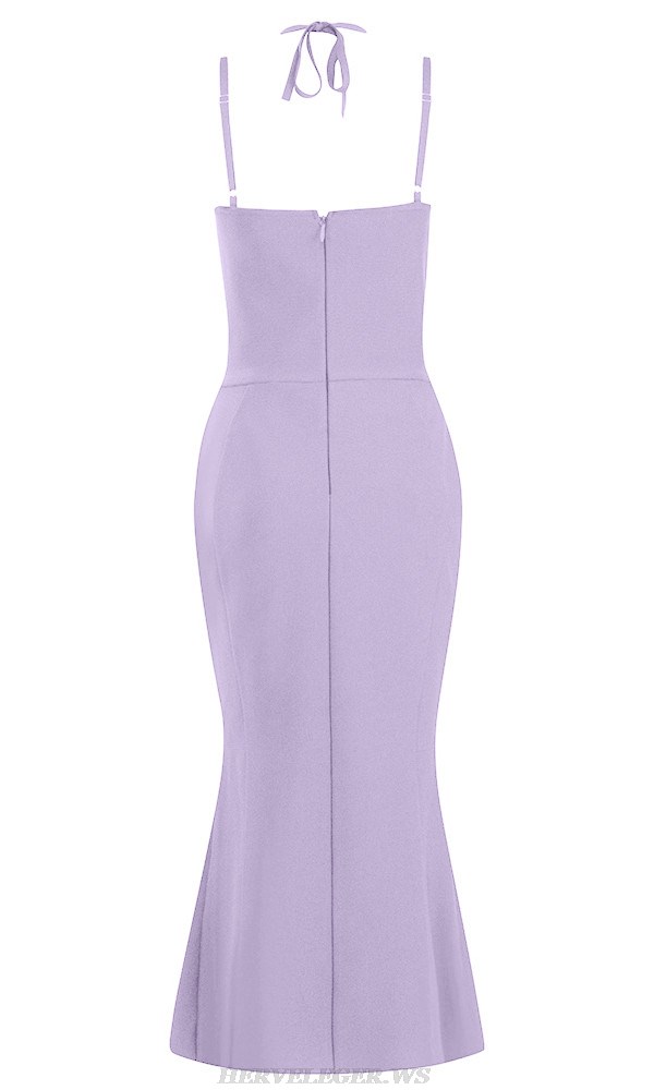 Herve Leger Lavender Halter Fluted Midi Dress